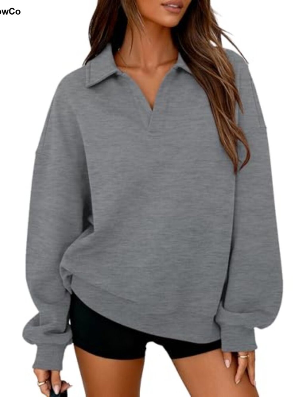 Women's Oversized Fleece Polo Sweatshirt V-Neck Drop Shoulder Casual